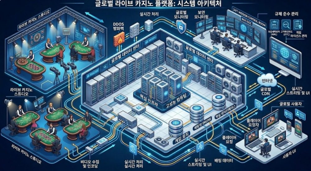 글로벌 라이브 카지노 플랫폼의 스튜디오, 데이터센터, 스트리밍 구조를 보여주는 시스템 아키텍처 인포그래픽