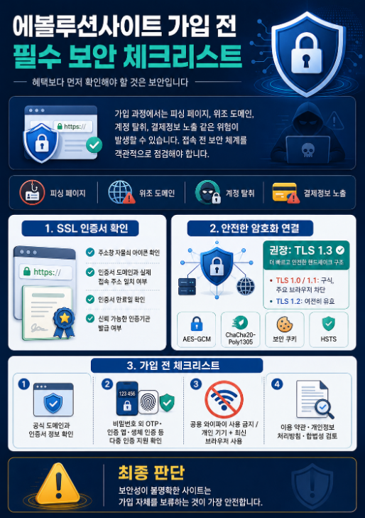 에볼루션사이트 가입 전 SSL 인증서, TLS 암호화, 피싱 위험, 다중 인증을 점검하는 보안 체크리스트 인포그래픽